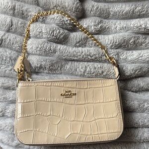 Coach Beige Croc-Embossed Clutch with Gold Chain